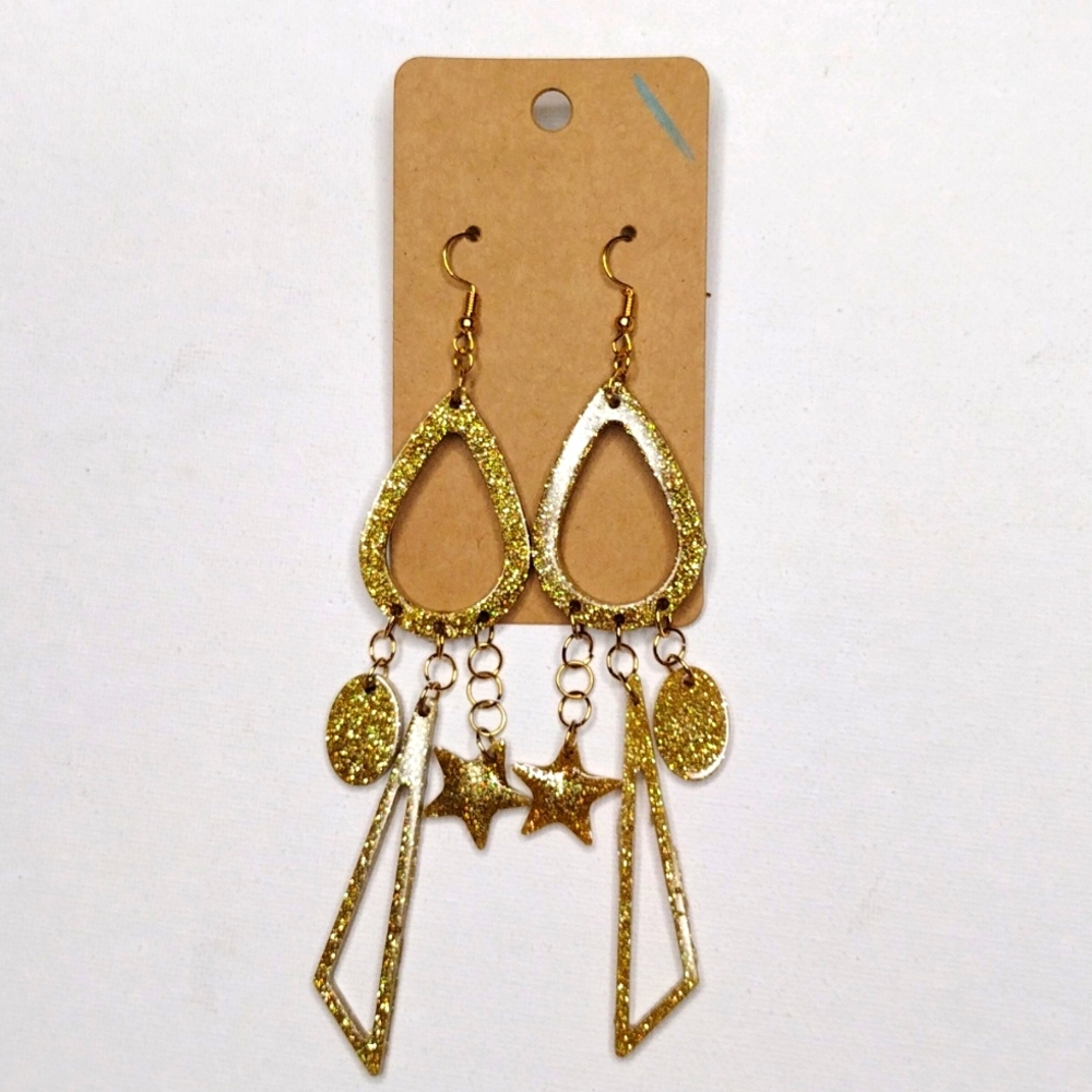 Gold Sparkle double dangle Oval Triangle Stars gold hypoallergenic earrings